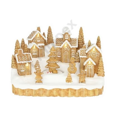 DDK7934LDLK Dioráma mézeskalács falu mozgó fenyővel, LED-es poly 24,5x16x16,3cm barna, fehér DD67934