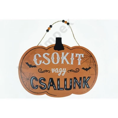 VRT9283LDLK Dekoráció fa tök 31*23cm csokit vagy csalunk akasztós narancs
