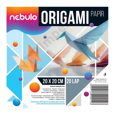 NBT0012PIEE Origamipapír, 20x20 cm, 20 lapos, 80g, vegyes színek, Nebulo