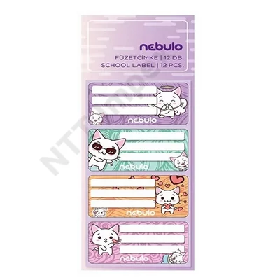 NBT0043PIIS Füzetcímke, 12 db-os, Cica, vegyes minták, Nebulo 